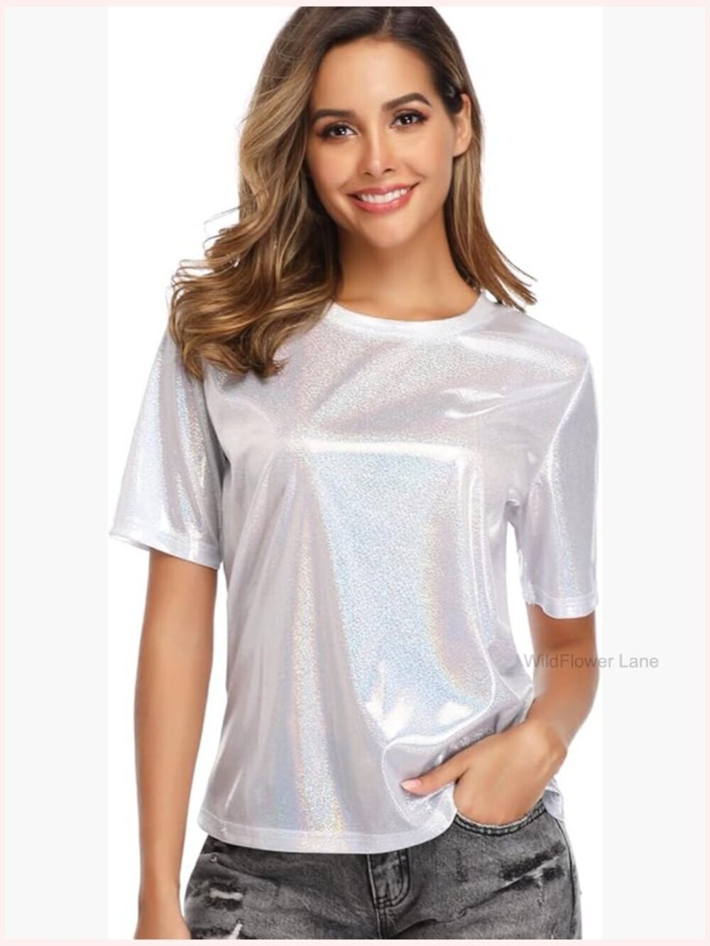 Women's Ultra Soft Holographic Glitter Metallic T Shirt Blouse Rave Festival Top